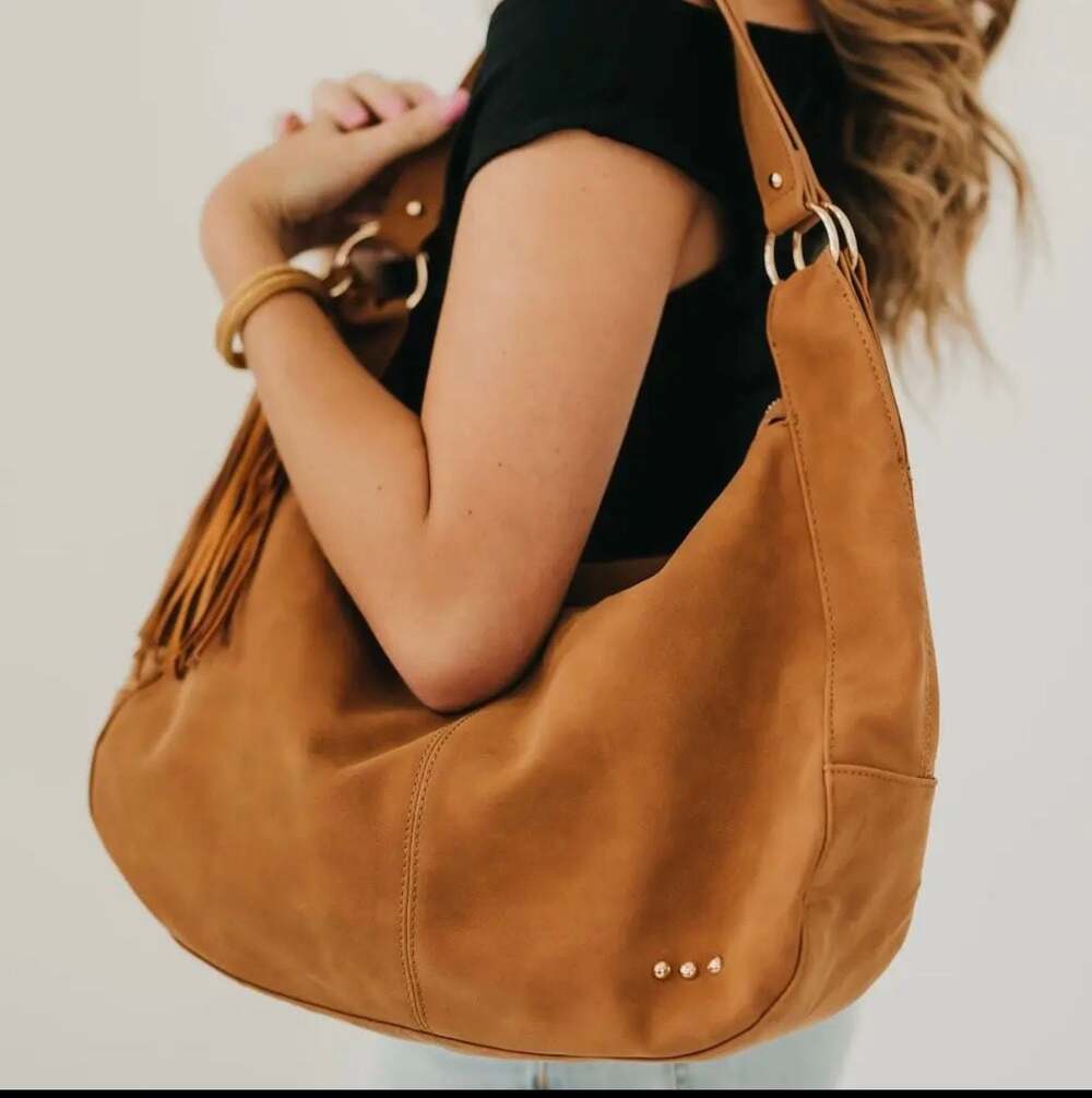 Pretty Simple Hazel Hobo Shoulder Bag with Tassel in Tan Suede